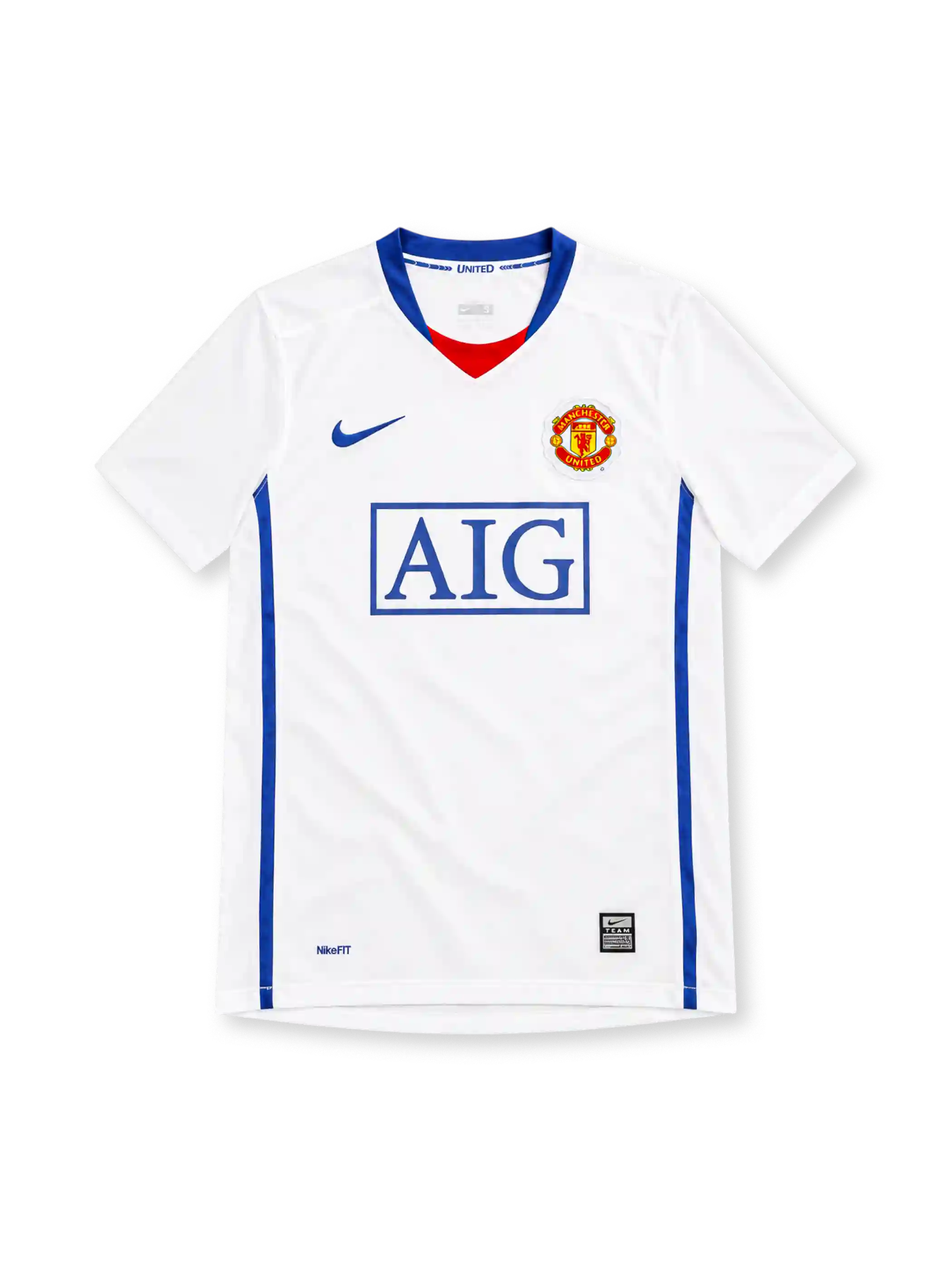Manchester United 2008/09 Nike away jersey in white with blue V-neck trim, red neckline insert, royal-blue side panels, blue Nike Swoosh, Manchester United crest, boxed blue AIG sponsor, and NikeFIT hem detailing.