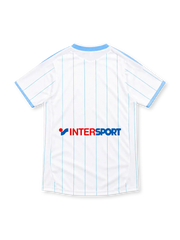 Olympique Marseille 2009/10 white adidas home jersey with sky-blue vertical pinstripes, crossover V-neck collar, light-blue shoulder stripes and sleeve trim, heritage-style OM crest, blue Direct Énergie sponsor, and FORMOTION branding.