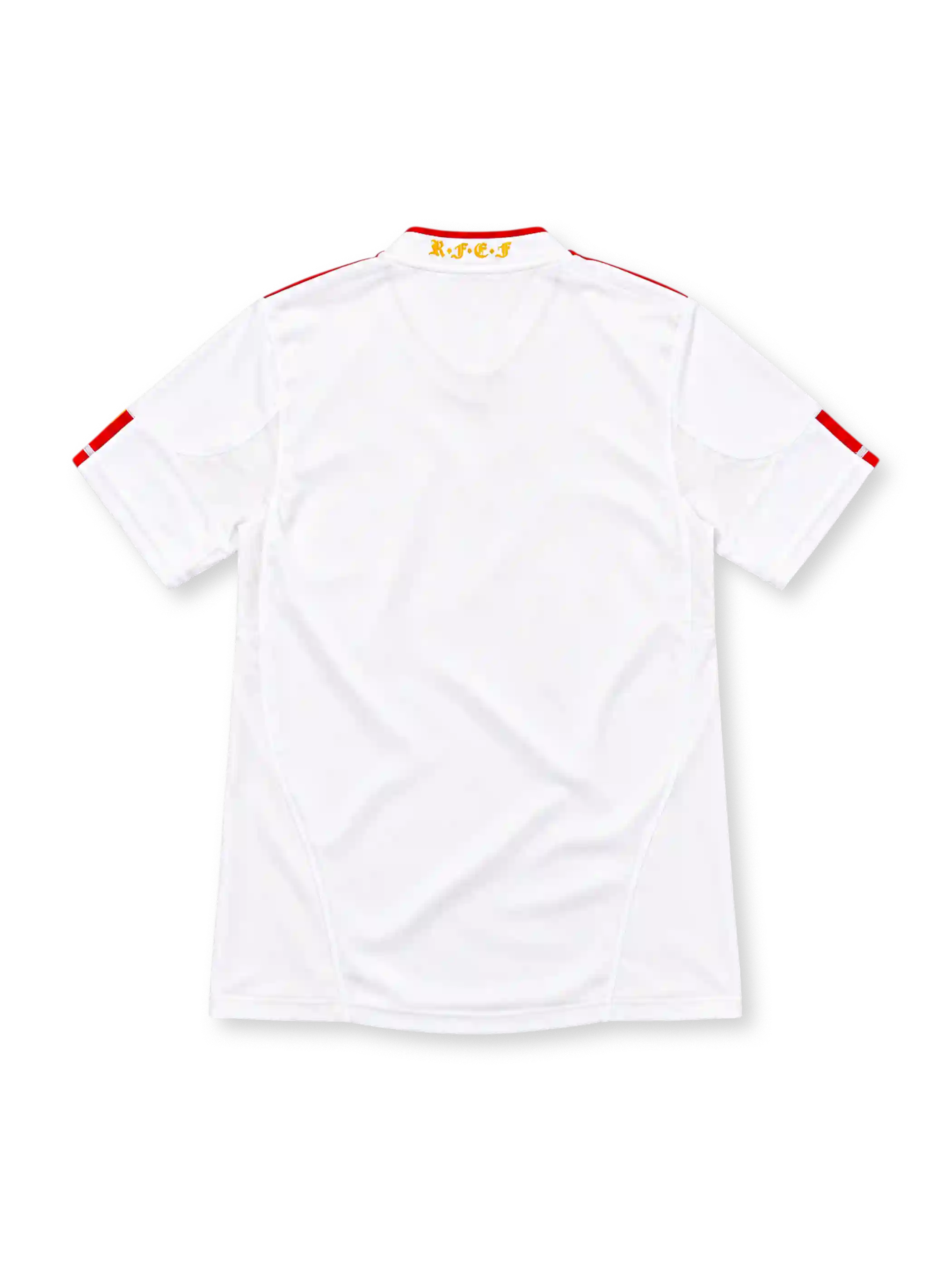 Spain 2011/12 white adidas away jersey with red and yellow shoulder stripes, red-trimmed V-neck collar, gold FIFA World Champions 2010 badge, Spain crest with gold star, red adidas logo, and CLIMACOOL detailing.