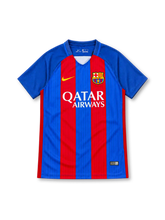 Barcelona 2016/17 Nike home jersey featuring blue and red vertical stripes, royal-blue sleeves, blue V-neck collar with white insert, yellow Nike Swoosh, FC Barcelona crest, white Qatar Airways sponsor, and Authentic-style hem label.