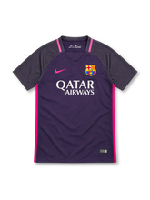 Barcelona 2016/17 Nike away jersey featuring a deep purple body, dark charcoal-purple raglan sleeves, pink Nike Swoosh, bright pink collar and side stripes, FC Barcelona crest, white Qatar Airways sponsor, and Authentic-style hem label.