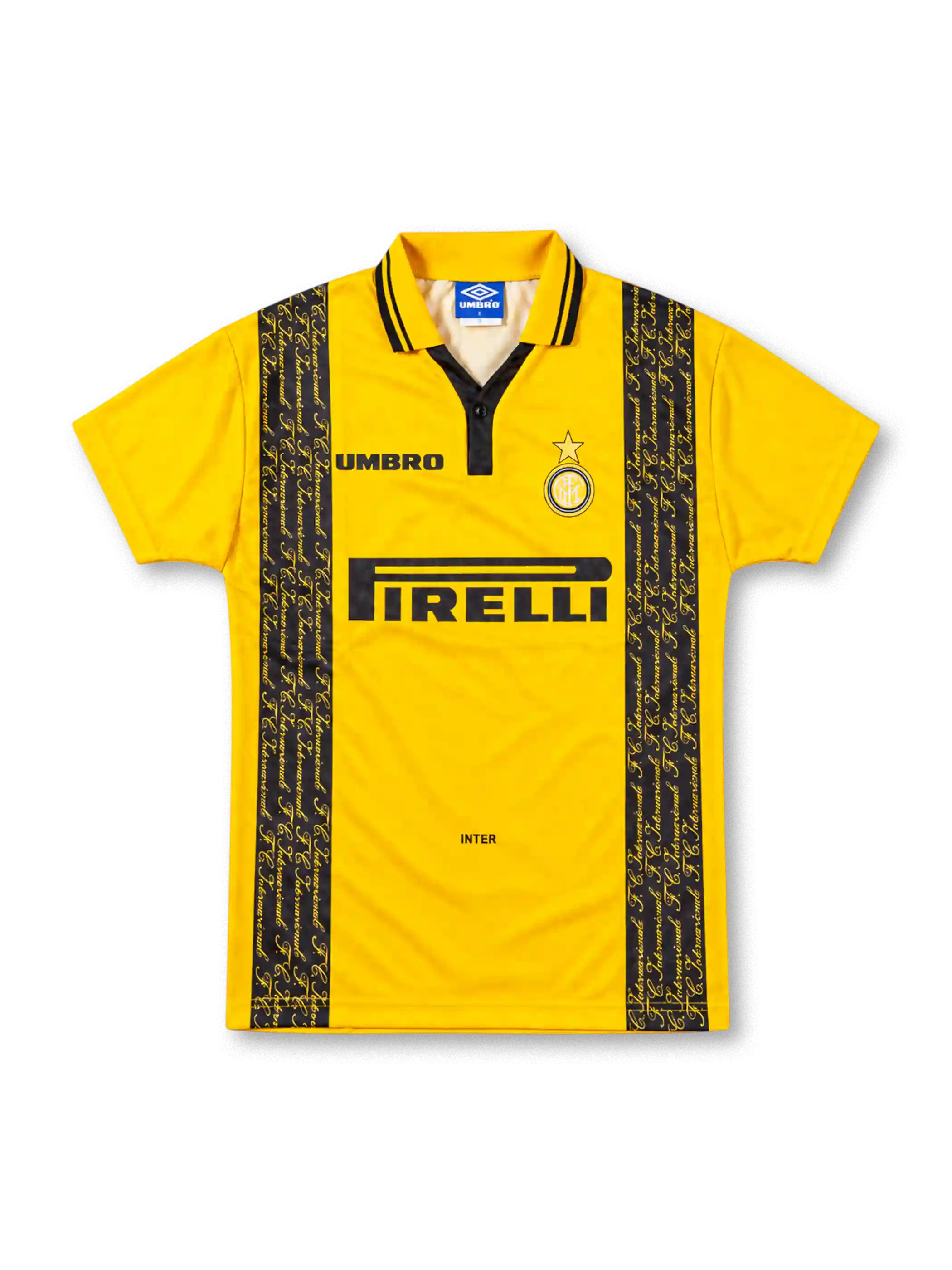 Inter Milan 1996/97 Umbro third jersey in bright yellow with black vertical panels featuring repeated gold F.C. Internazionale script, yellow polo collar with black trim, Inter crest with gold star, black Umbro logo, and Pirelli sponsor.