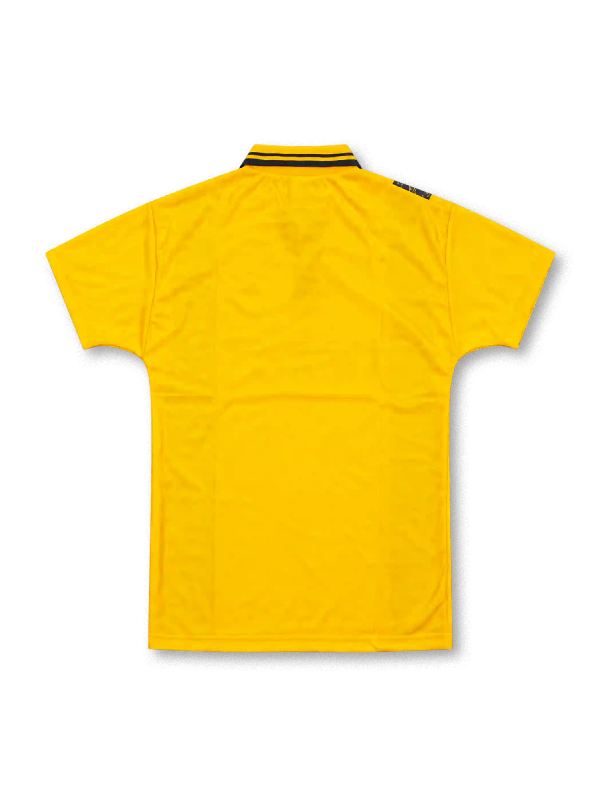 Inter Milan 1996/97 Umbro third jersey in bright yellow with black vertical panels featuring repeated gold F.C. Internazionale script, yellow polo collar with black trim, Inter crest with gold star, black Umbro logo, and Pirelli sponsor.