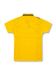 Inter Milan 1996/97 Umbro third jersey in bright yellow with black vertical panels featuring repeated gold F.C. Internazionale script, yellow polo collar with black trim, Inter crest with gold star, black Umbro logo, and Pirelli sponsor.