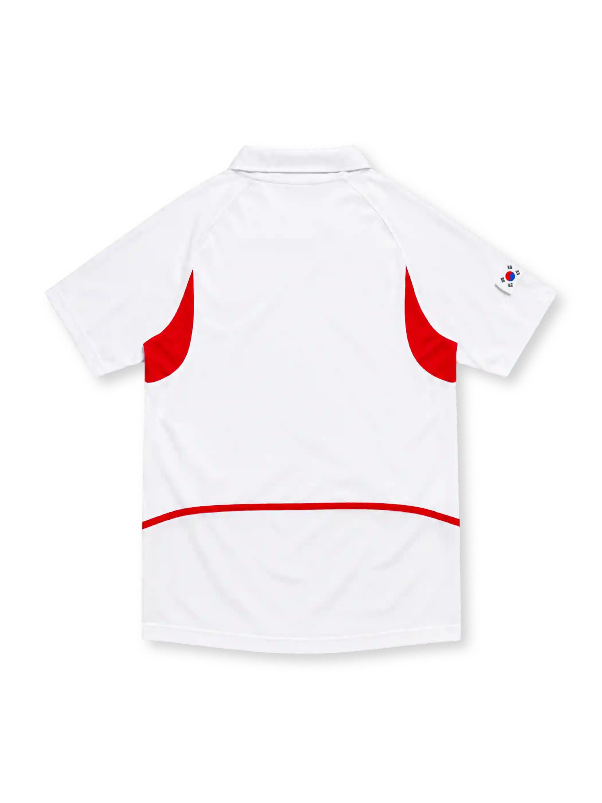South Korea 2002 Nike away jersey in white with red geometric side panels, curved red pinstripe graphics, white fold-down collar, red Nike Swoosh, and blue Korea Football Association crest.