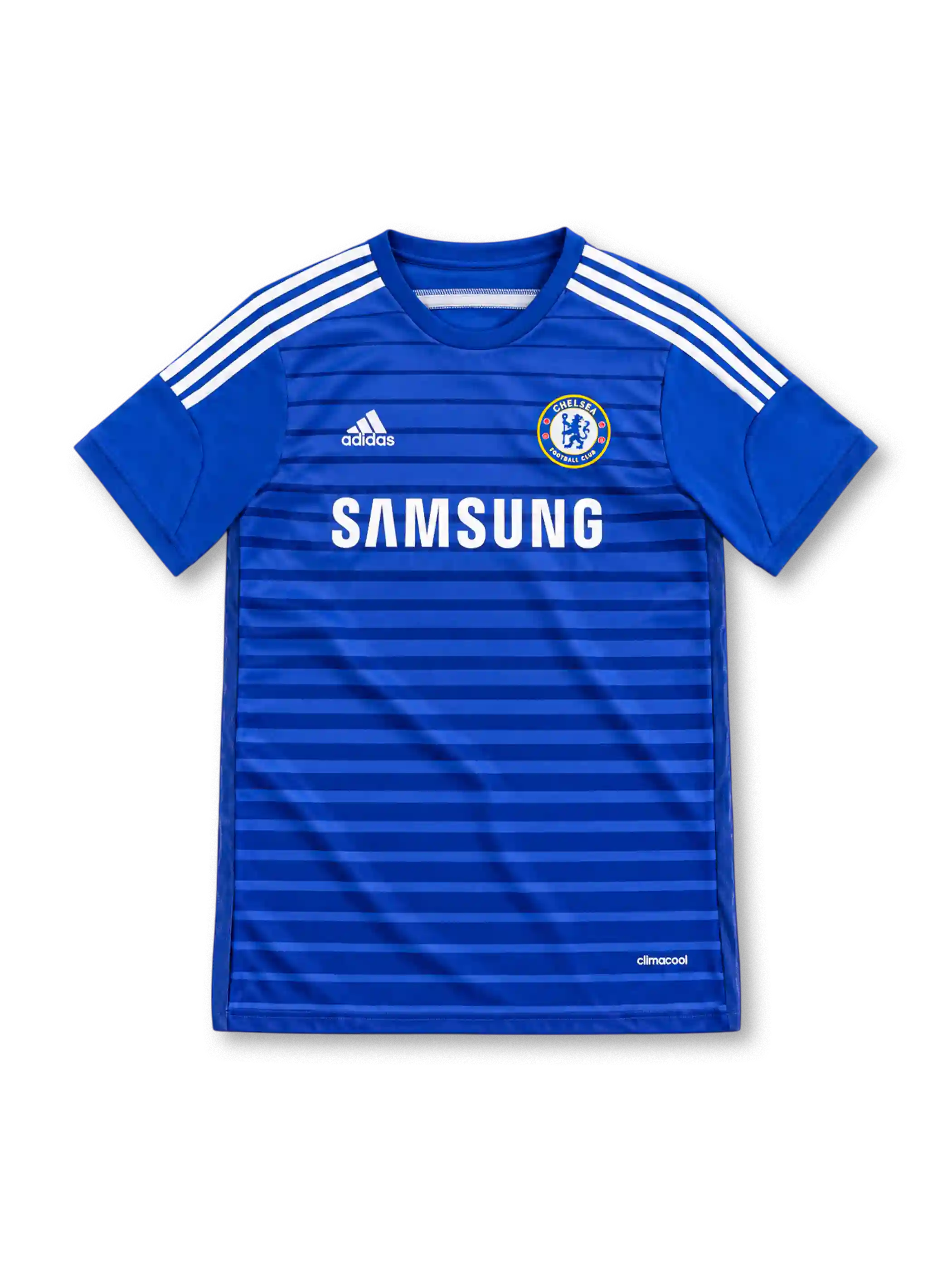Chelsea 2014/15 adidas home jersey in royal blue with tonal horizontal stripes, white shoulder stripes, blue crew-neck collar, white adidas logo, Chelsea crest, Samsung sponsor, and CLIMACOOL branding.