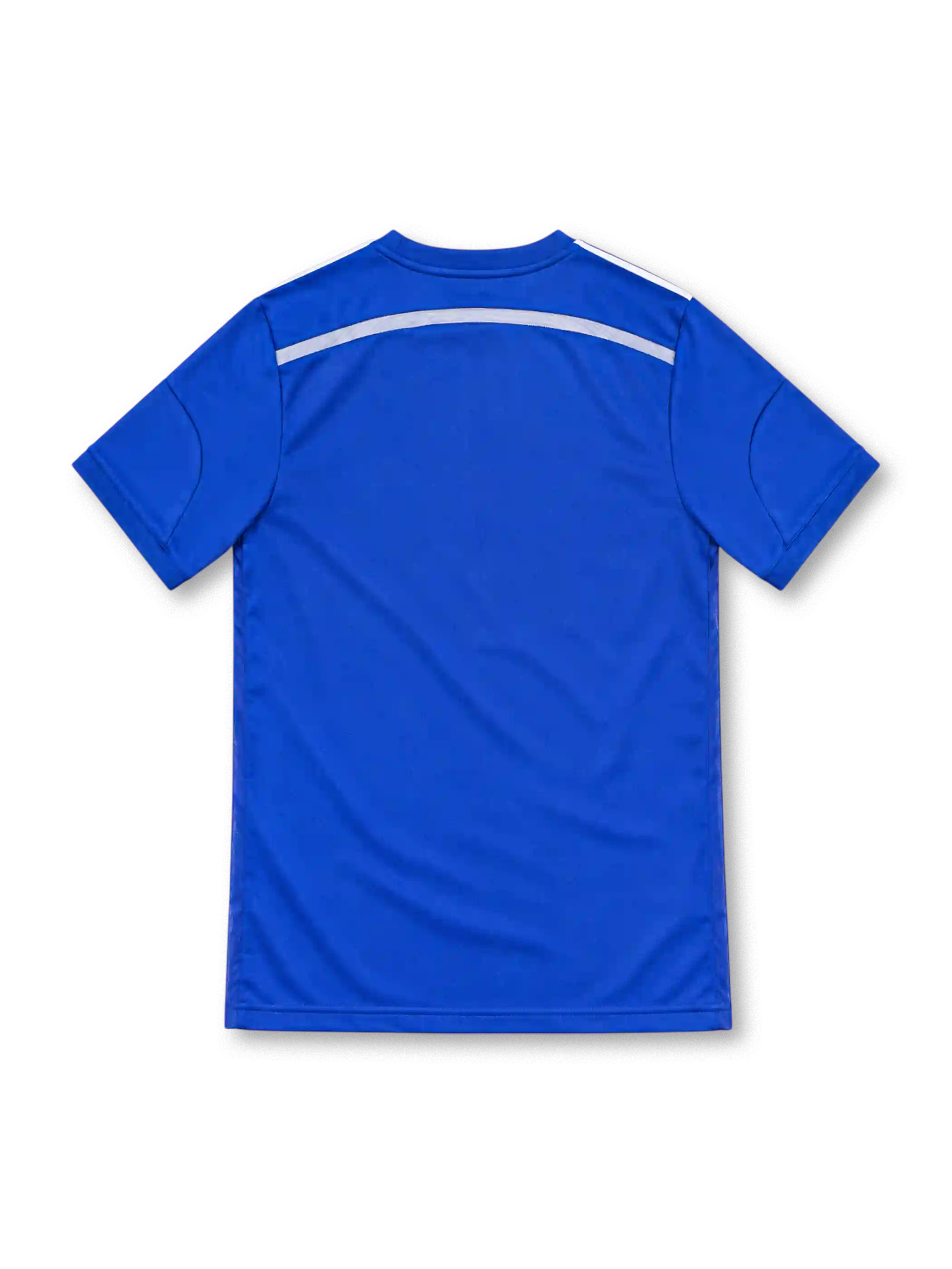 Chelsea 2014/15 adidas home jersey in royal blue with tonal horizontal stripes, white shoulder stripes, blue crew-neck collar, white adidas logo, Chelsea crest, Samsung sponsor, and CLIMACOOL branding.