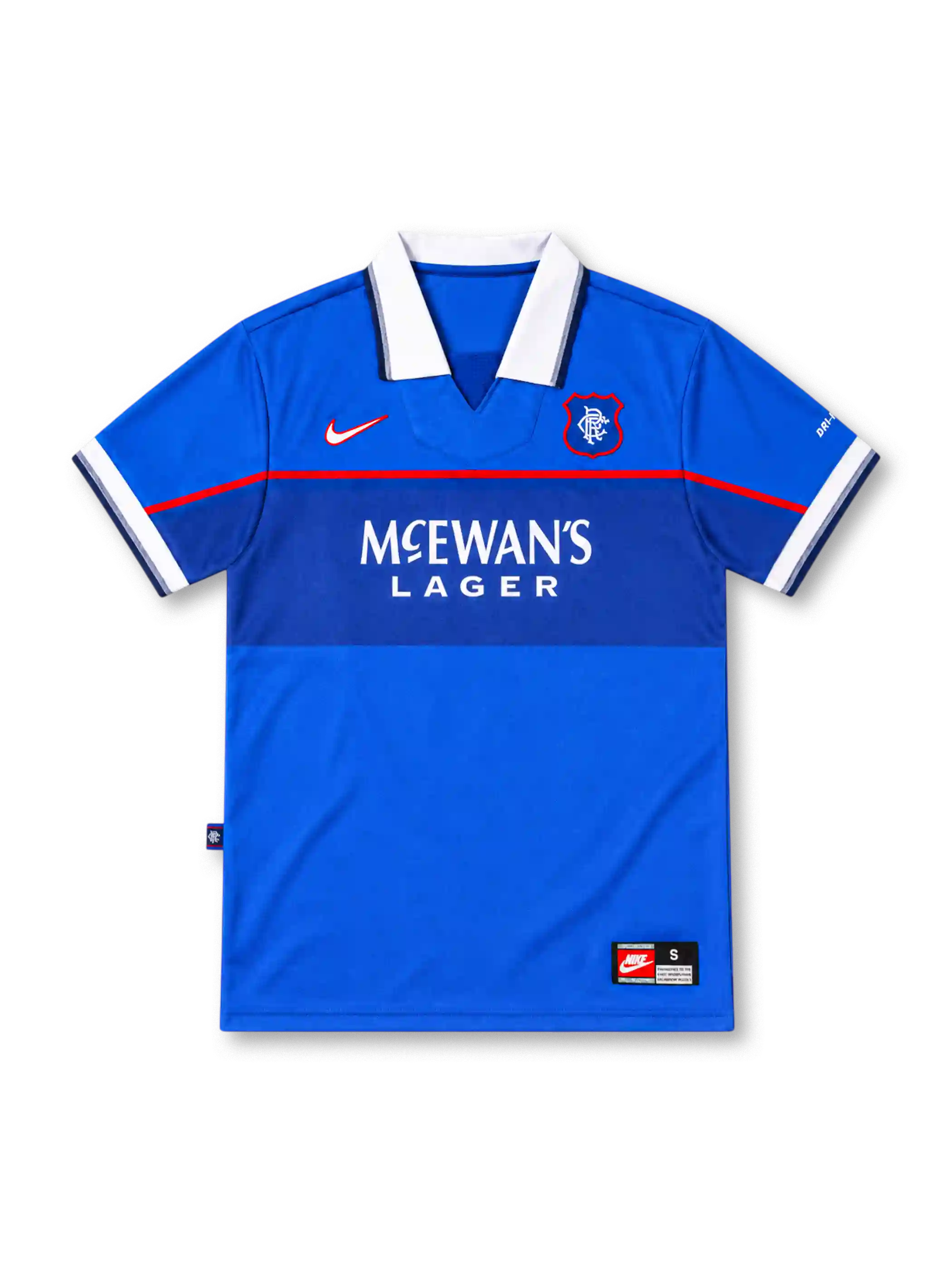 Rangers FC 1997–99 Nike home jersey in royal blue with a white fold-down collar, darker-blue chest band, thin red piping, white McEwan's Lager sponsor, red-outlined Nike Swoosh, Rangers shield crest, and white-trimmed sleeves.