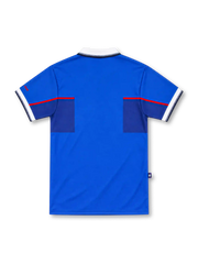 Rangers FC 1997–99 Nike home jersey in royal blue with a white fold-down collar, darker-blue chest band, thin red piping, white McEwan's Lager sponsor, red-outlined Nike Swoosh, Rangers shield crest, and white-trimmed sleeves.