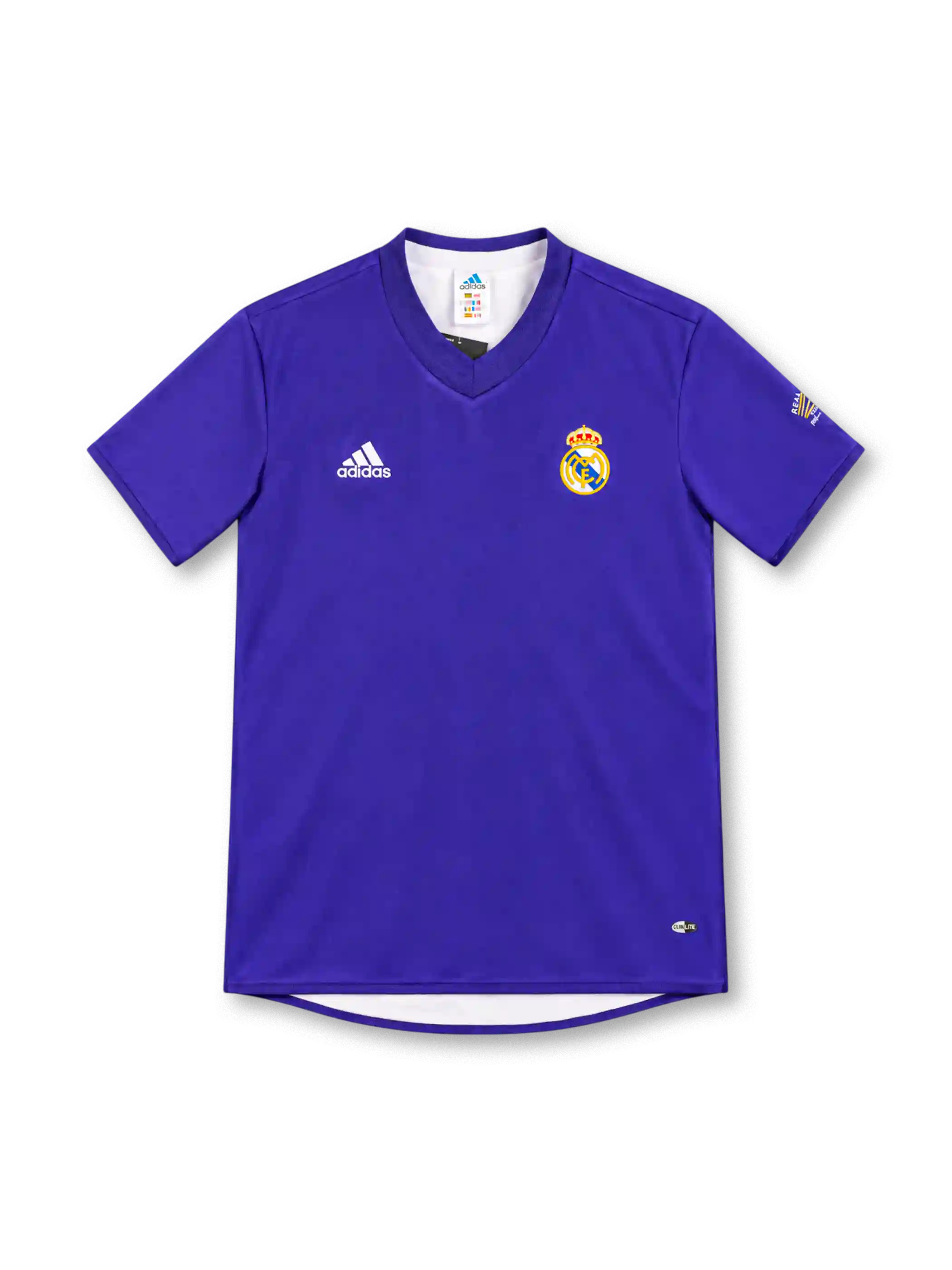 Real Madrid 2002/03 purple adidas third jersey with a solid purple body, tonal V-neck collar, white adidas logo, full-color Real Madrid crest, sleeve emblem, CLIMALITE branding, and a sponsorless front.