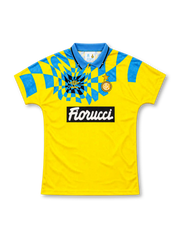 Inter Milan 1992/94 yellow third jersey with blue checkerboard pattern, Umbro logo and Fiorucci sponsor