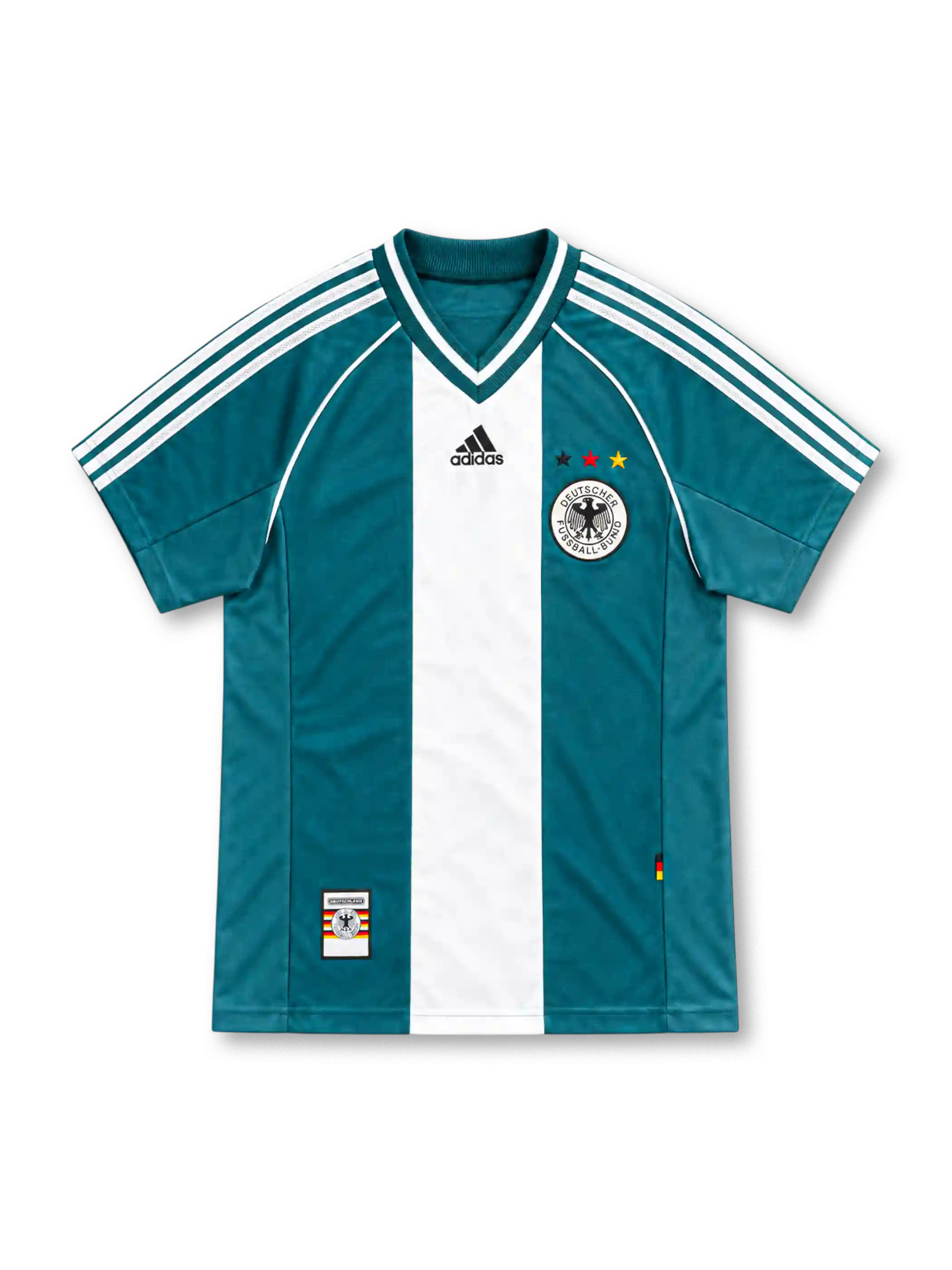 Germany 1998 teal green away jersey with white centre panel, adidas logo and three-star DFB crest
