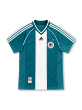 Germany 1998 teal green away jersey with white centre panel, adidas logo and three-star DFB crest
