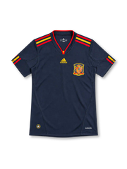 Spain 2010 navy away jersey with red and yellow adidas stripes and federation crest
