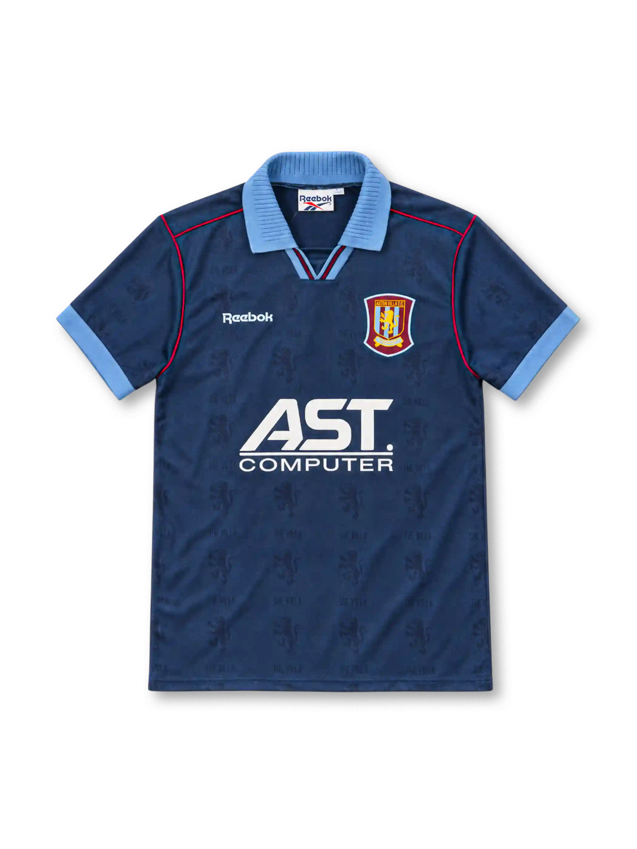 Aston Villa 1995/97 navy third jersey with sky-blue collar, Reebok logo and AST Computer sponsor