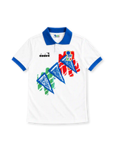 Italy 1994 white training jersey with blue collar, painted tricolour graphic, Diadora logo and FIGC crest