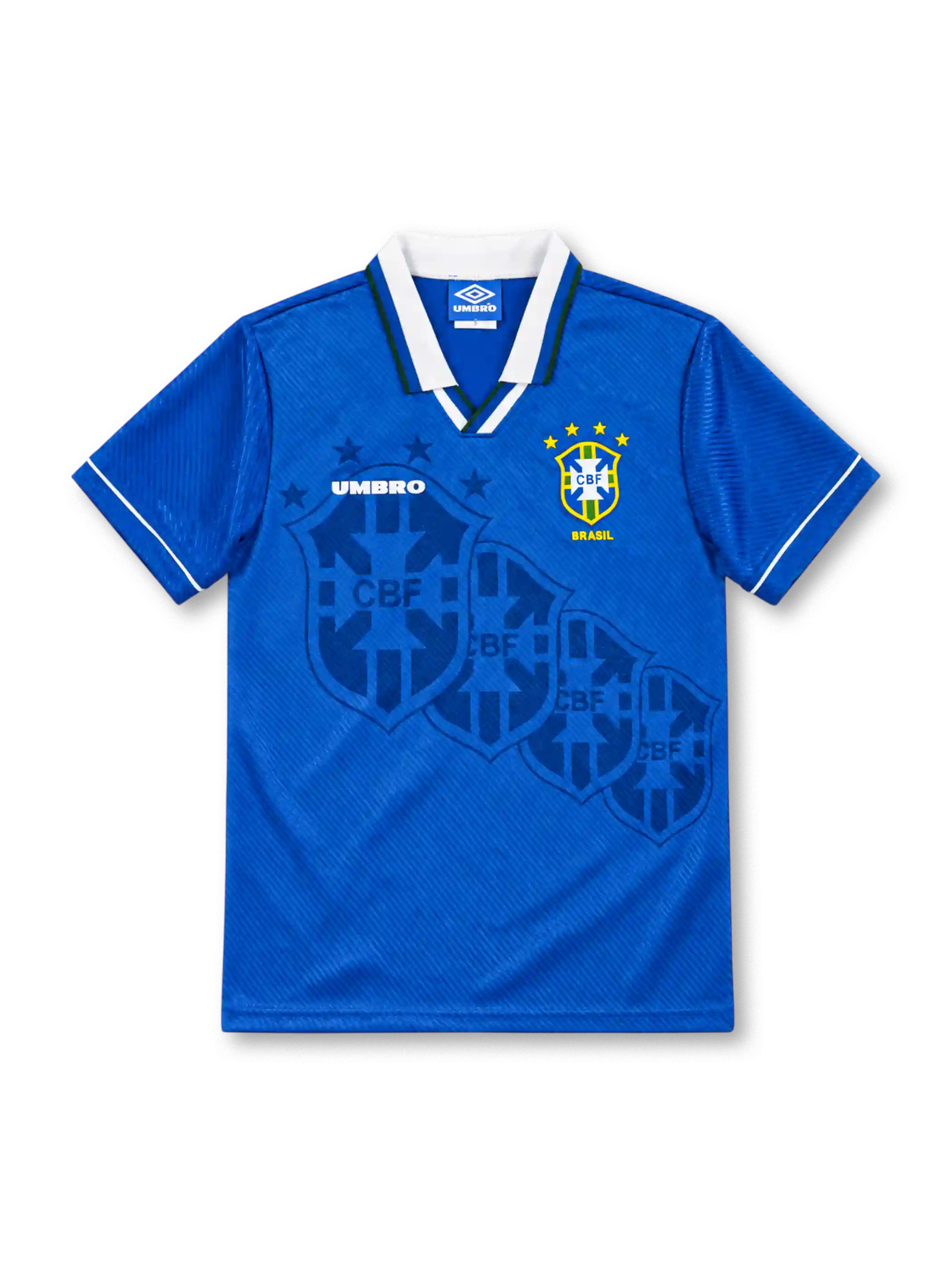Brazil 1994/96 royal blue away jersey with white collar, tonal crest pattern, Umbro logo and four-star CBF crest