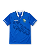 Brazil 1994/96 royal blue away jersey with white collar, tonal crest pattern, Umbro logo and four-star CBF crest