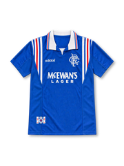 Rangers 1996/97 royal blue home jersey with white collar, red and white stripes, adidas logo and McEwan's Lager sponsor