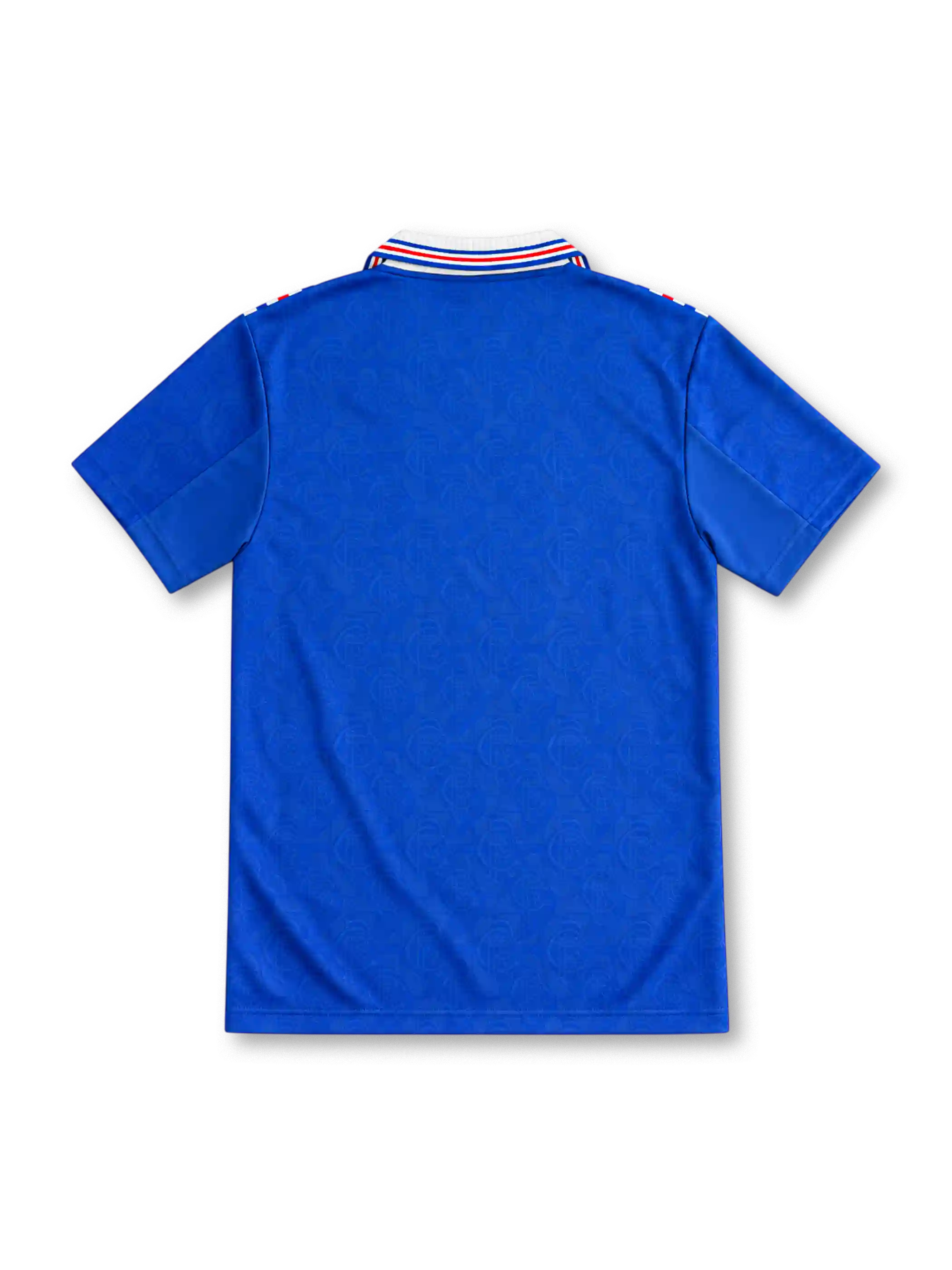 Rangers 1996/97 royal blue home jersey with white collar, red and white stripes, adidas logo and McEwan's Lager sponsor