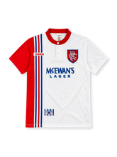 Rangers 1996/97 white away jersey with red side panel, blue and red stripes, adidas logo and McEwan's Lager sponsor