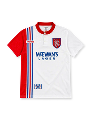 Rangers 1996/97 white away jersey with red side panel, blue and red stripes, adidas logo and McEwan's Lager sponsor