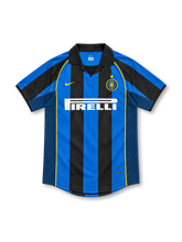 Inter Milan 2001/02 blue and black striped home jersey with gold piping, Nike logo and Pirelli sponsor