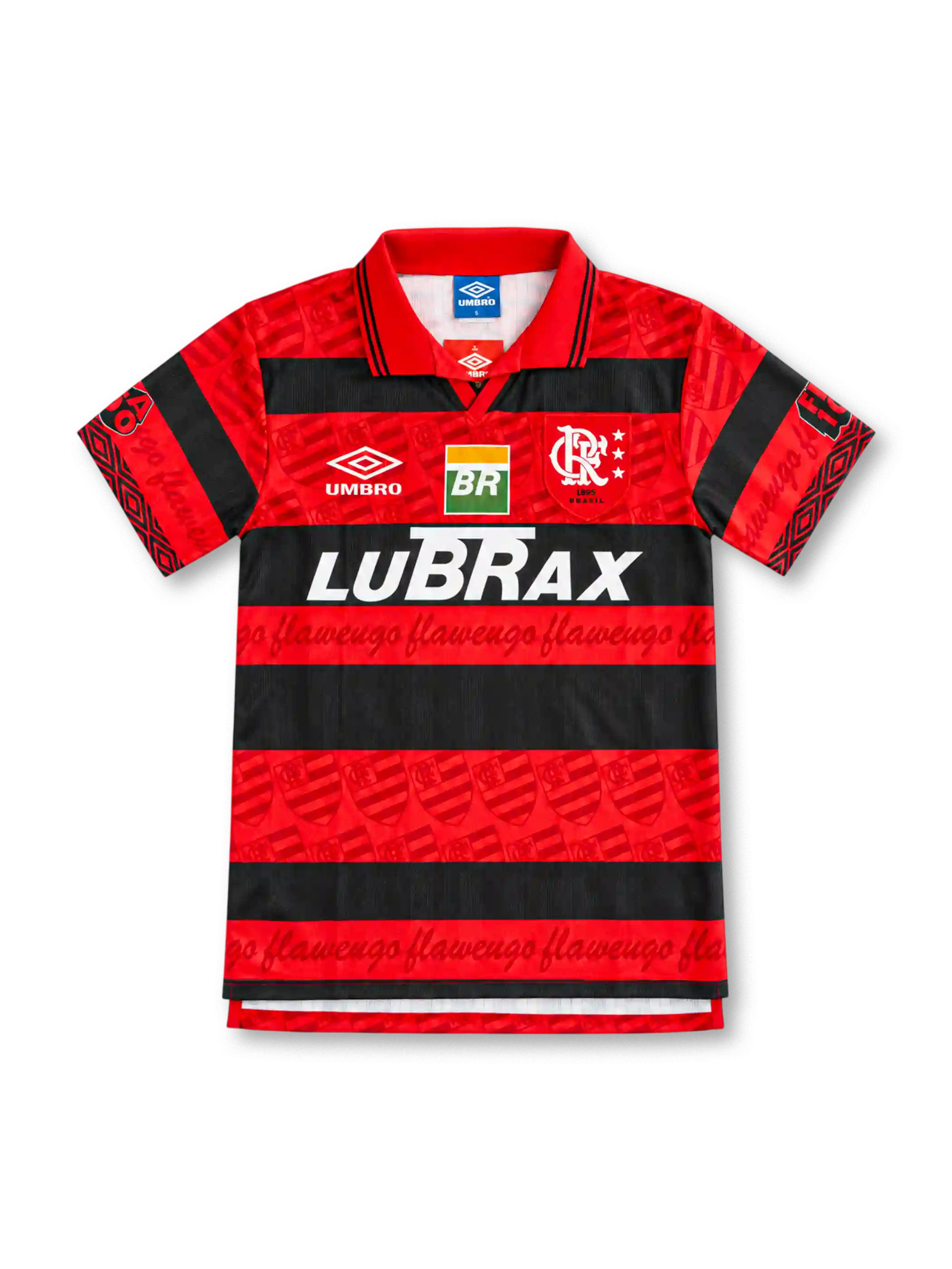 Flamengo 1995 red and black hooped home jersey with tonal crest pattern, Umbro logo and Lubrax sponsor