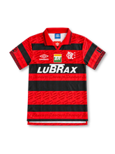 Flamengo 1995 red and black hooped home jersey with tonal crest pattern, Umbro logo and Lubrax sponsor