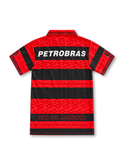 Flamengo 1995 red and black hooped home jersey with tonal crest pattern, Umbro logo and Lubrax sponsor