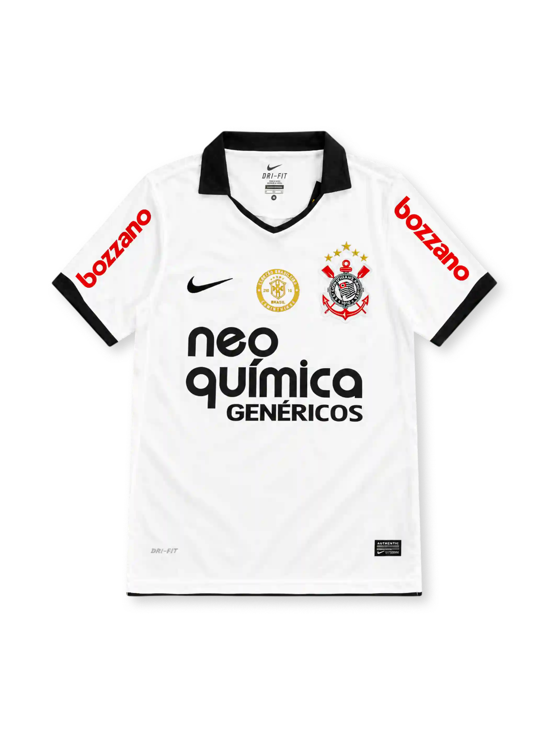 Corinthians 2011 white home jersey with black collar, Nike logo, club crest and Neo Química Genéricos sponsor