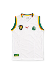 Cameroon 2002 white sleeveless away jersey with green, red and yellow trim, Puma logo and lion emblem
