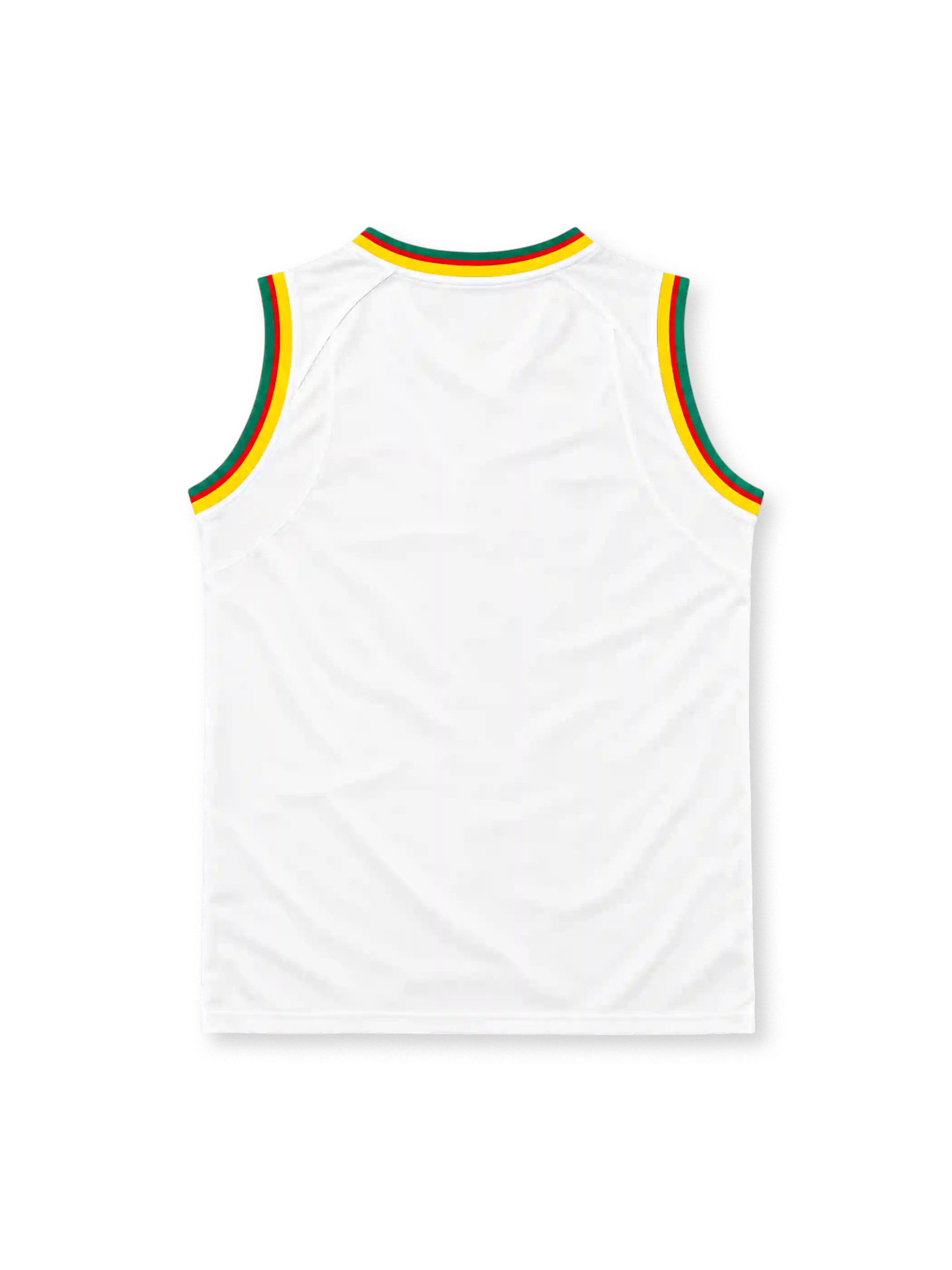 Cameroon 2002 white sleeveless away jersey with green, red and yellow trim, Puma logo and lion emblem