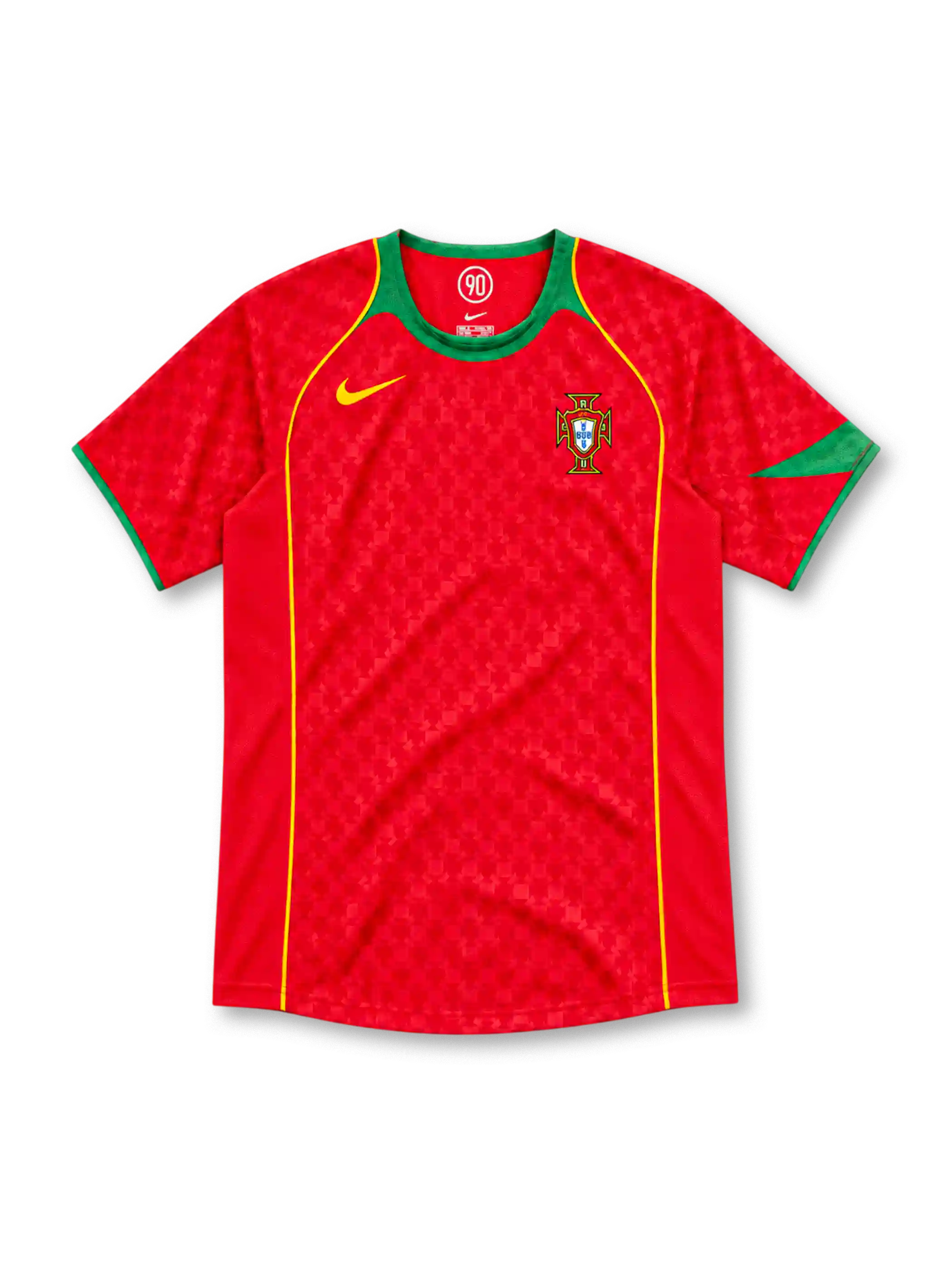 Portugal 2004 red home jersey with tonal pattern, green collar, gold piping, Nike logo and federation crest