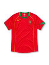 Portugal 2004 red home jersey with tonal pattern, green collar, gold piping, Nike logo and federation crest
