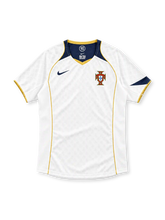 Portugal 2004 white away jersey with navy yoke, gold piping, Nike logo and federation crest