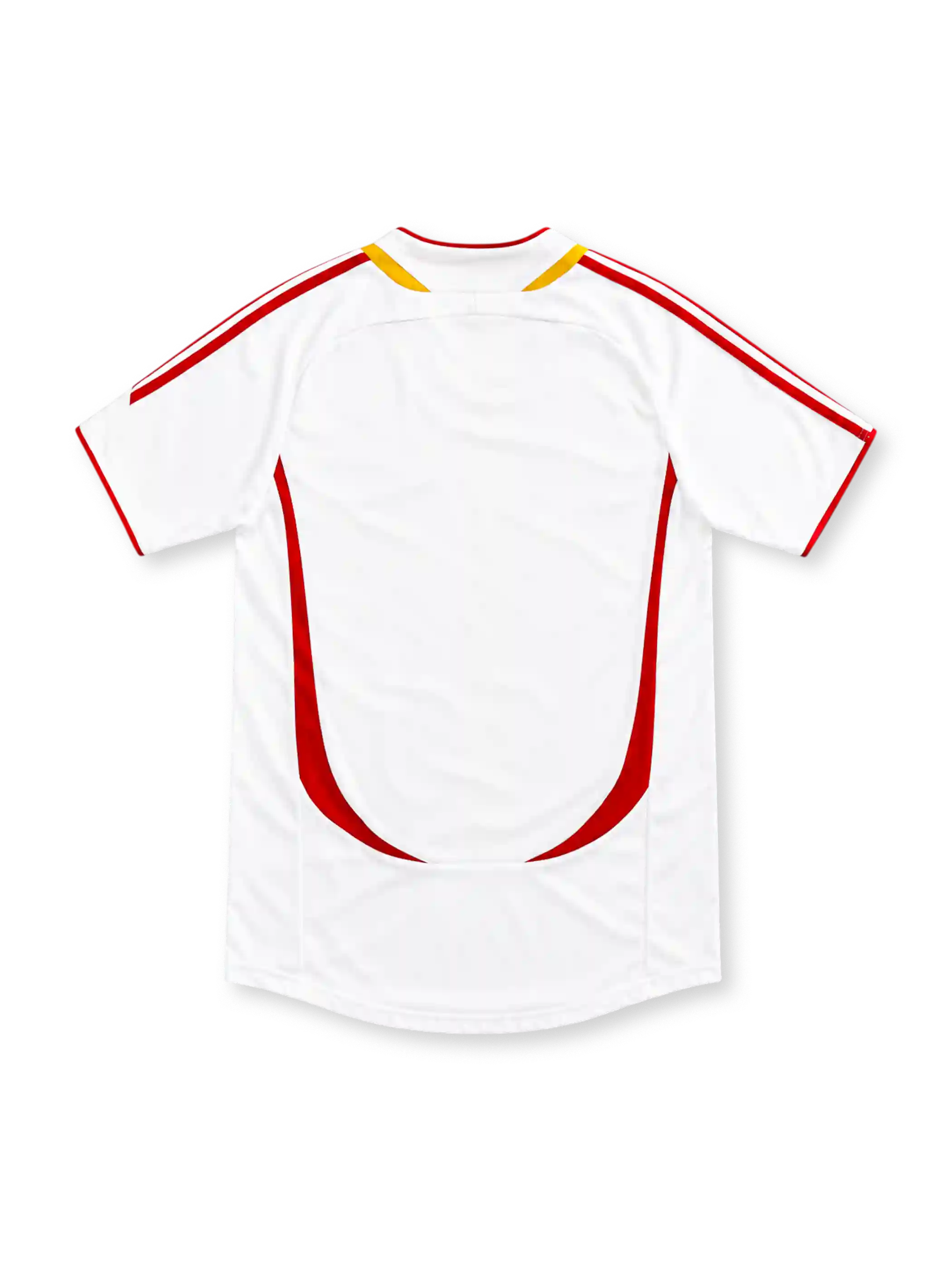 Spain 2006 white away jersey with red and yellow curved panels, red adidas stripes and embroidered crest