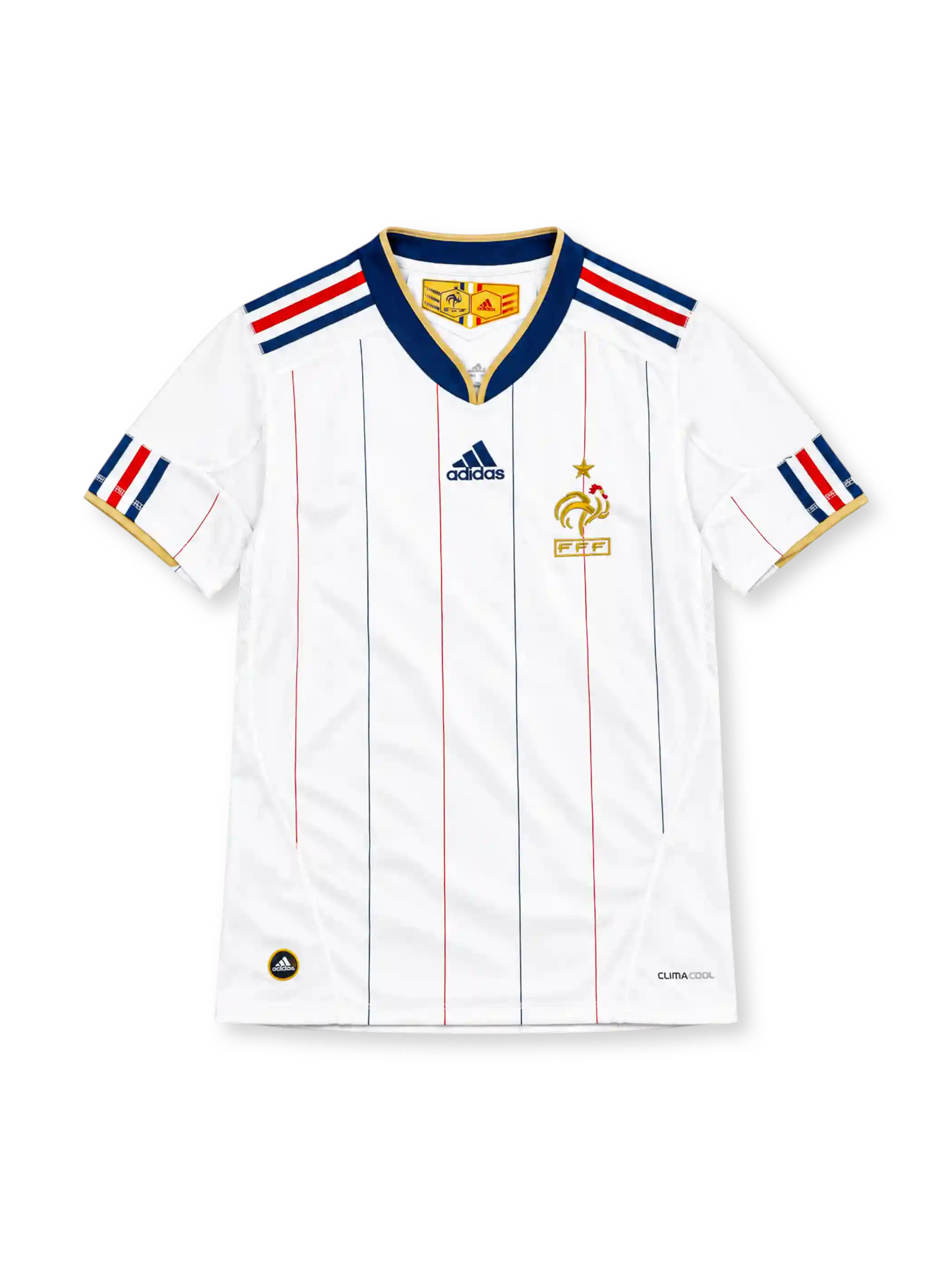France 2010 white away jersey with navy and red pinstripes, navy collar, adidas logo and gold FFF crest