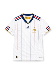 France 2010 white away jersey with navy and red pinstripes, navy collar, adidas logo and gold FFF crest