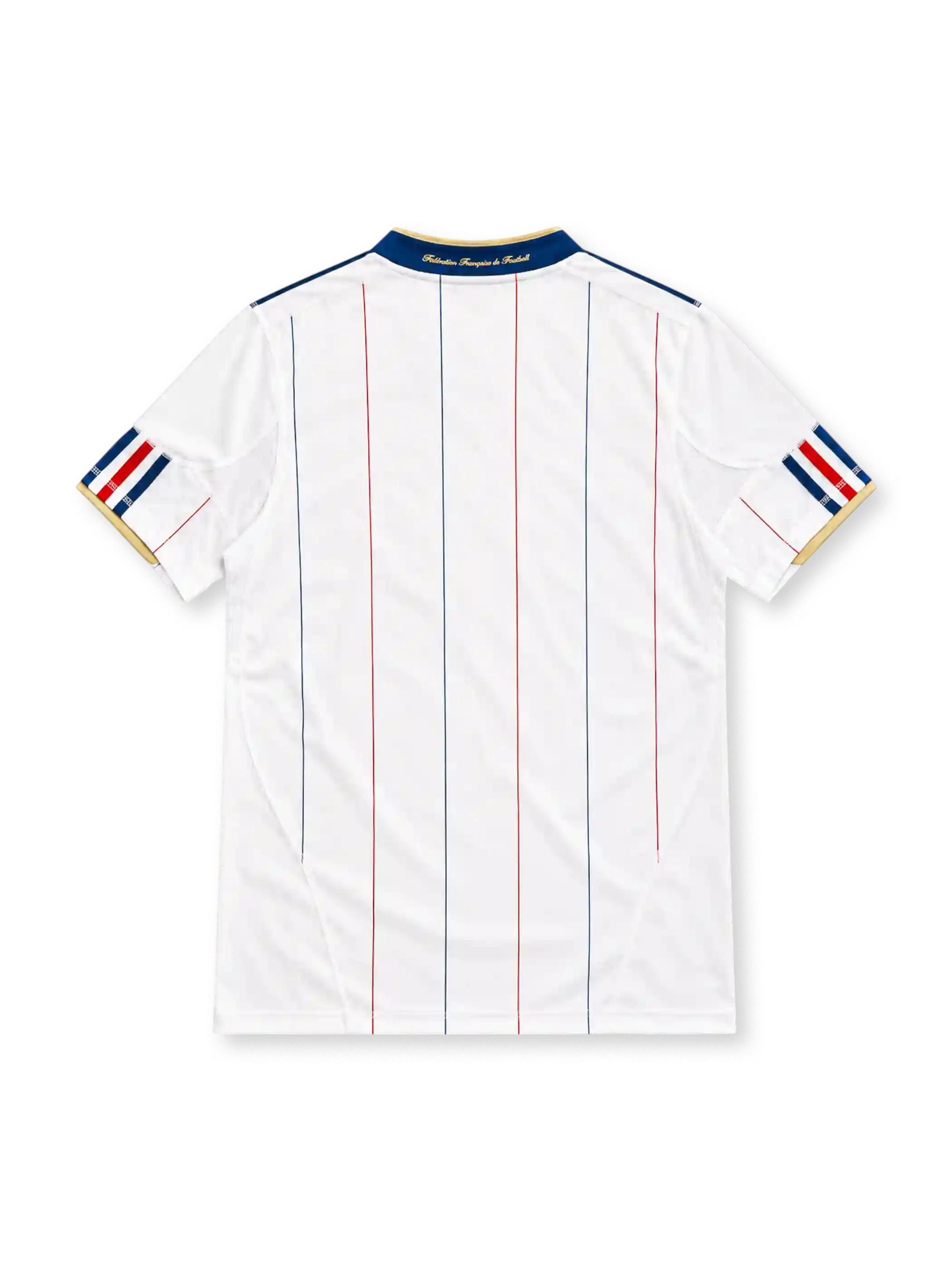 France 2010 white away jersey with navy and red pinstripes, navy collar, adidas logo and gold FFF crest