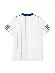 France 2010 white away jersey with navy and red pinstripes, navy collar, adidas logo and gold FFF crest