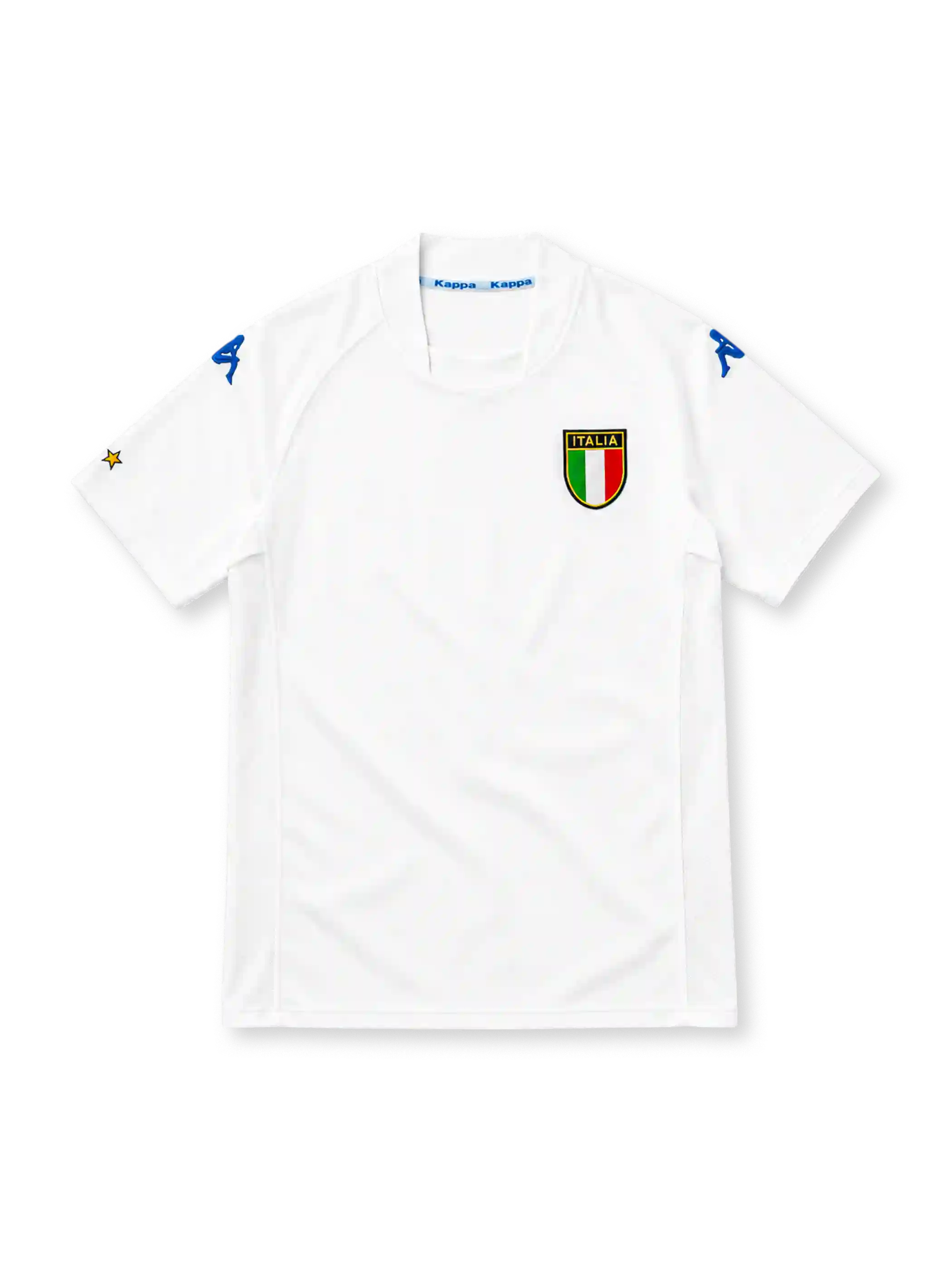 Italy 2002 white away jersey with ITALIA tricolour shield crest and blue Kappa logos on the shoulders