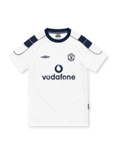 Manchester United 2000/01 white away jersey with navy shoulder panels, Umbro logo and Vodafone sponsor