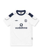 Manchester United 2000/01 white away jersey with navy shoulder panels, Umbro logo and Vodafone sponsor
