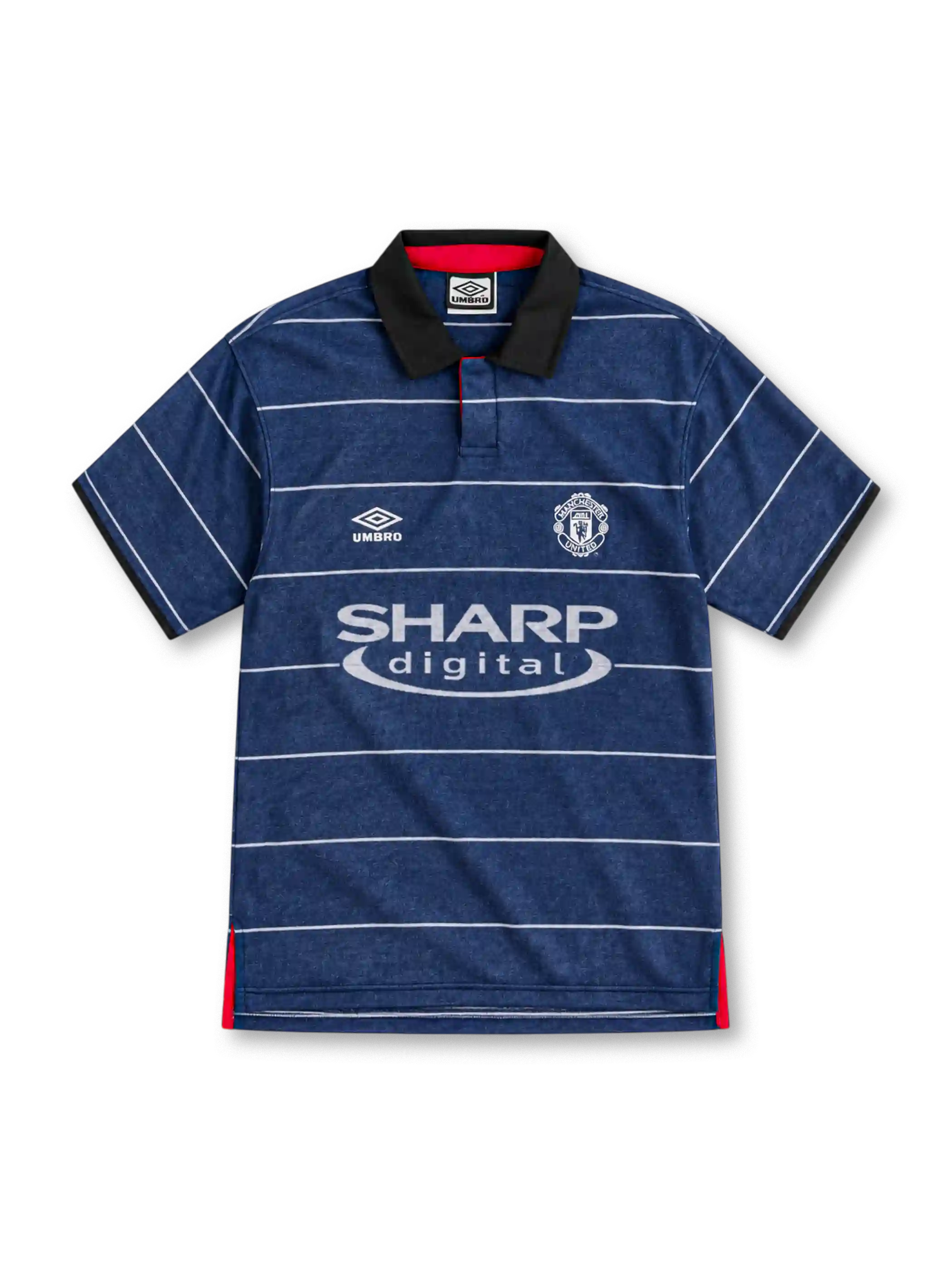 Manchester United 1999/00 navy away jersey with white pinstripes, black collar, Umbro logo and Sharp Digital sponsor
