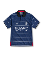 Manchester United 1999/00 navy away jersey with white pinstripes, black collar, Umbro logo and Sharp Digital sponsor