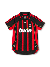 AC Milan 2006/07 red and black striped home jersey with gold piping, adidas logo and bwin sponsor