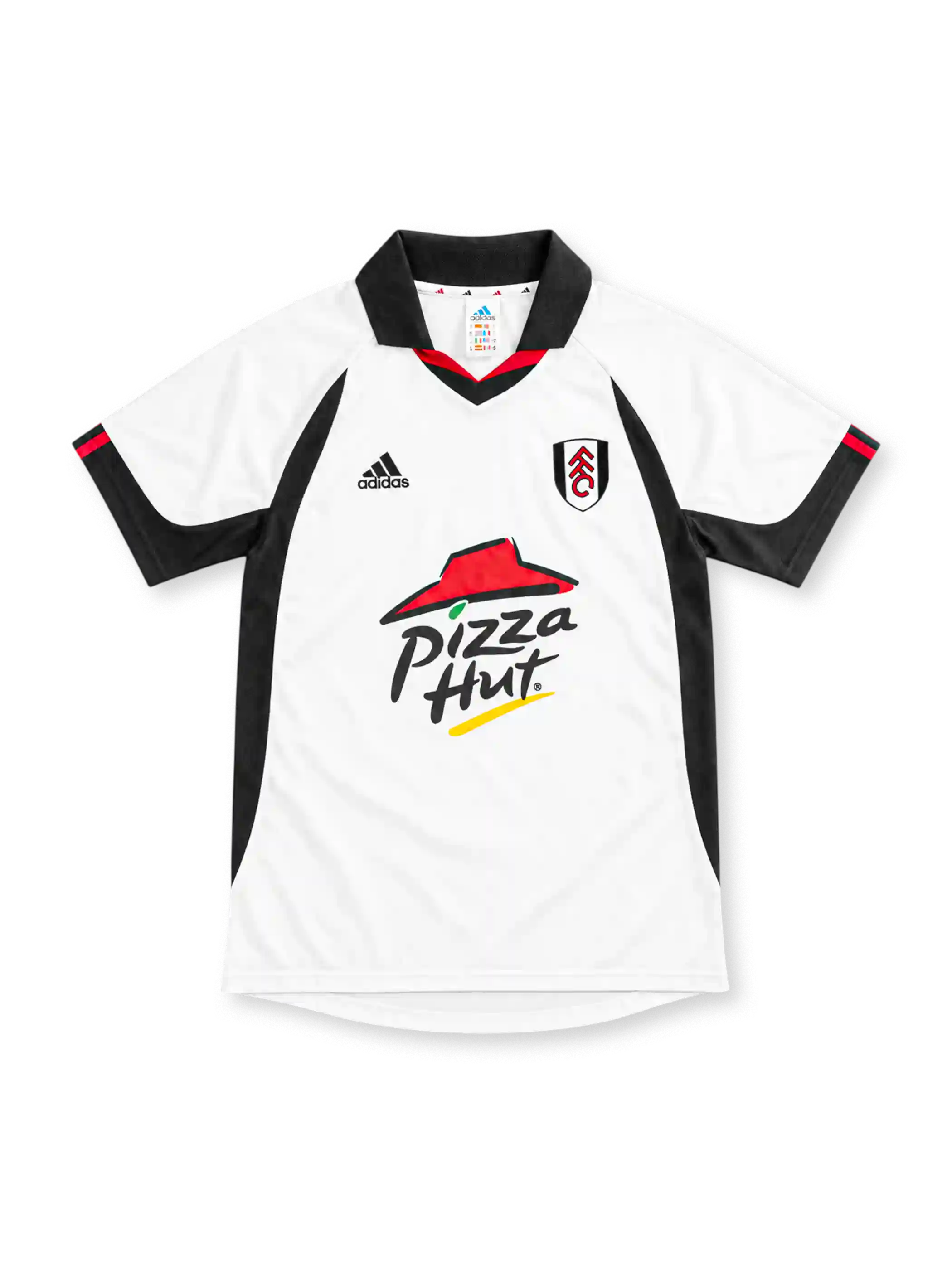 Fulham 2001/02 white home jersey with black side panels, adidas logo and Pizza Hut sponsor