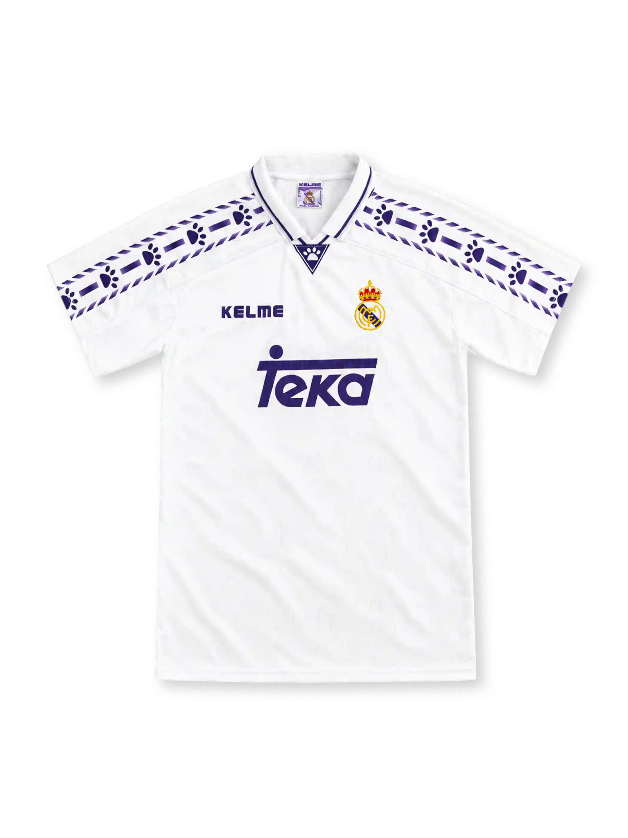 Real Madrid 1996/97 white home jersey with purple paw-print shoulder tape, Kelme logo and Teka sponsor