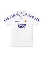 Real Madrid 1996/97 white home jersey with purple paw-print shoulder tape, Kelme logo and Teka sponsor